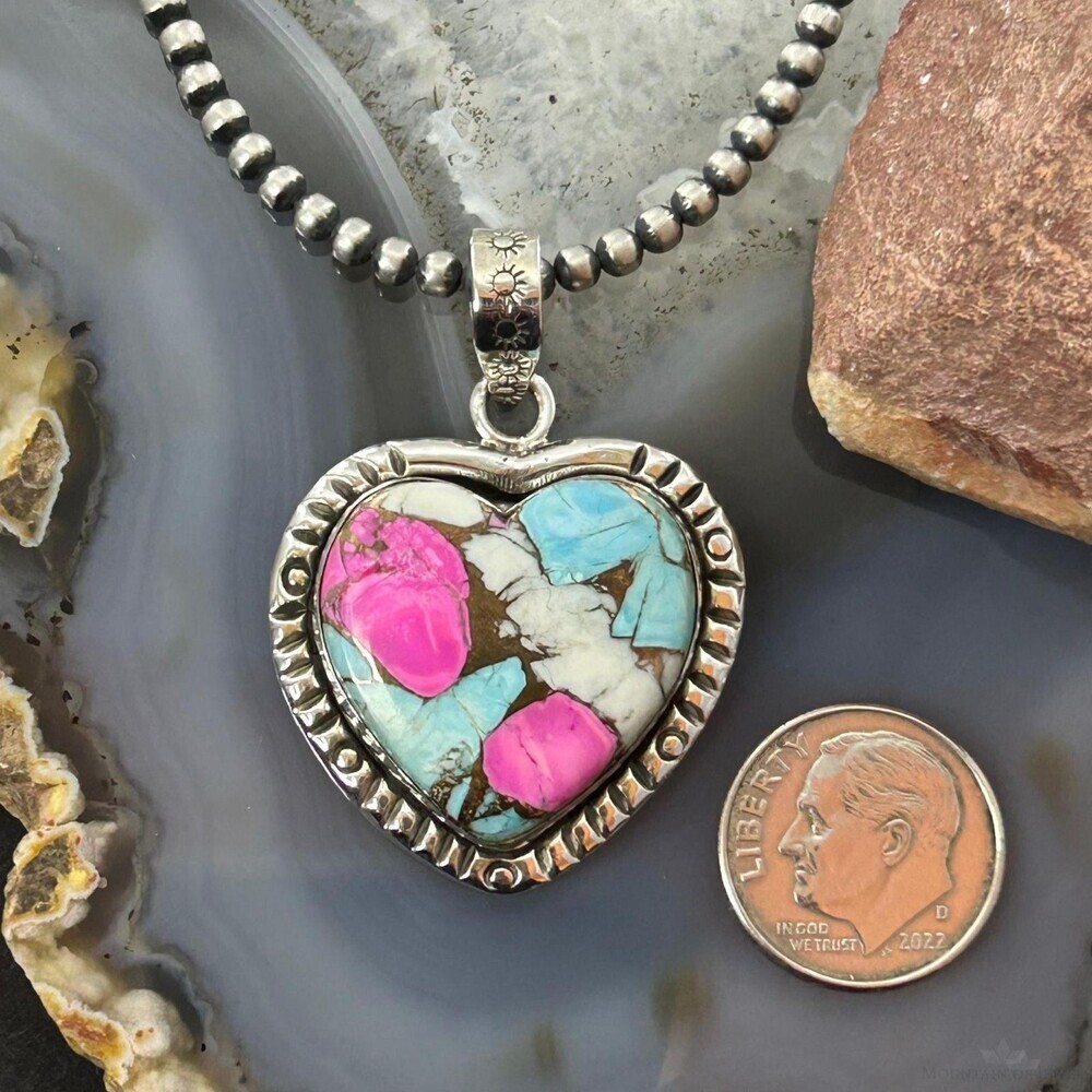 Sterling Silver Southwestern Style Cotton Candy Heart Pendant For Women #4 - Picture 8 of 10